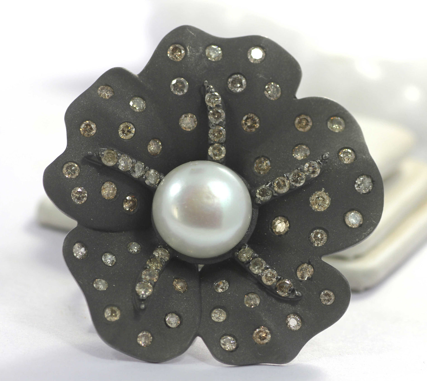 Flower Pave Diamond Ring .925 Oxidized Sterling Silver Diamond Ring, Genuine handmade pave diamond Ring Size Approx 1.20"(30 MM)