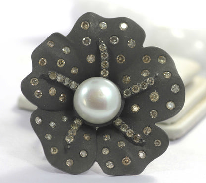 Flower Pave Diamond Ring .925 Oxidized Sterling Silver Diamond Ring, Genuine handmade pave diamond Ring Size Approx 1.20"(30 MM)