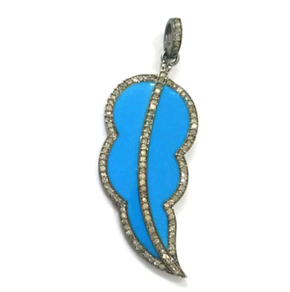 Enamel Leaf Shape Diamond Pendant .925 Oxidized Sterling Silver Diamond Pendant, Genuine handmade pave diamond Charm Size 45x20 MM