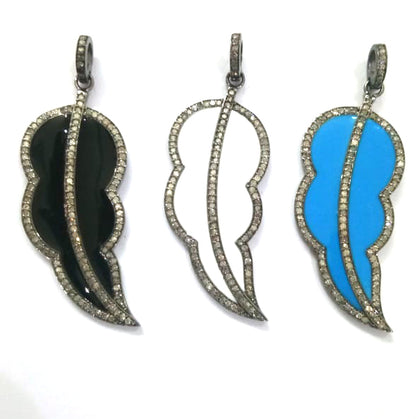 Enamel Leaf Shape Diamond Pendant .925 Oxidized Sterling Silver Diamond Pendant, Genuine handmade pave diamond Charm Size 45x20 MM