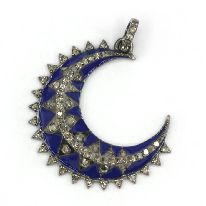 Moon Shape Diamond Pendant .925 Oxidized Sterling Silver Diamond Pendant, Diamond Pendant