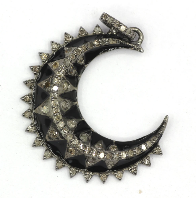 Moon Shape Diamond Pendant .925 Oxidized Sterling Silver Diamond Pendant, Diamond Pendant
