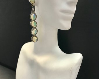 Diamond Art Deco Opal with Diamond Earring, Pave Diamond Earring, Pave Art Deco Earring, Appx 69x 11mm. Sterling Silver