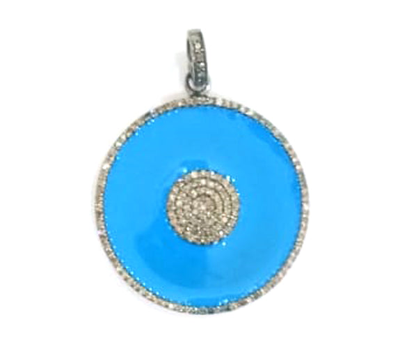 Enamel Round Shaped Diamond Pendant .925 Oxidized Sterling Silver Diamond Pendant, Genuine handmade pave diamond Charm Size 32 MM