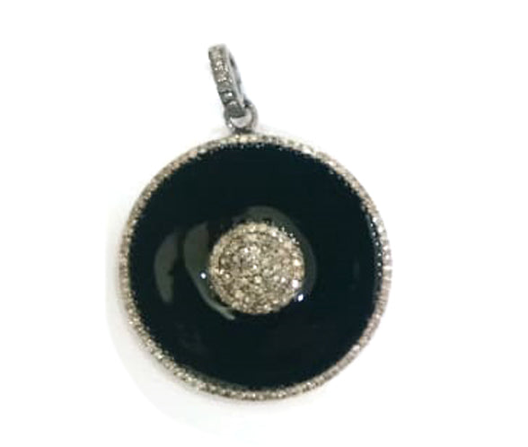 Enamel Round Shaped Diamond Pendant .925 Oxidized Sterling Silver Diamond Pendant, Genuine handmade pave diamond Charm Size 32 MM