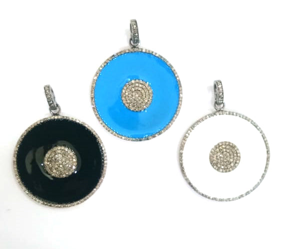 Enamel Round Shaped Diamond Pendant .925 Oxidized Sterling Silver Diamond Pendant, Genuine handmade pave diamond Charm Size 32 MM
