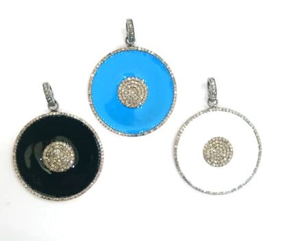 Enamel Round Shaped Diamond Pendant .925 Oxidized Sterling Silver Diamond Pendant, Genuine handmade pave diamond Charm Size 32 MM