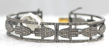 Hamsa Hand Diamond Silver Bracelet .925 Oxidized Sterling Silver Diamond Bracelet, Genuine handmade pave diamond Bracelet. Size 58 mm