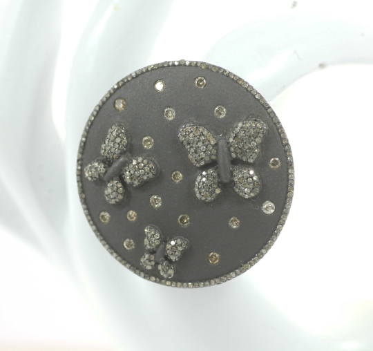 Butterfly on Disc Silver Pave Diamond Ring .925 Oxidized Sterling Silver Diamond Ring, Genuine handmade pave diamond Ring.