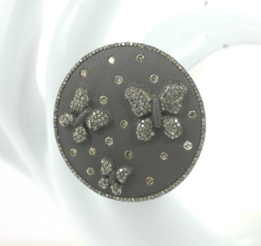 Butterfly on Disc Silver Pave Diamond Ring .925 Oxidized Sterling Silver Diamond Ring, Genuine handmade pave diamond Ring.