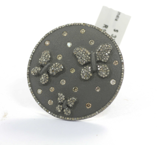 Butterfly on Disc Silver Pave Diamond Ring .925 Oxidized Sterling Silver Diamond Ring, Genuine handmade pave diamond Ring.