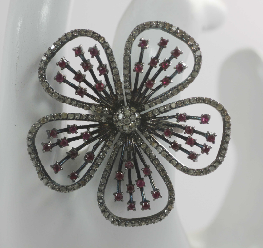 Flower Shape Silver Pave Diamond Ring .925 Oxidized Sterling Silver Diamond Ring, Genuine handmade pave diamond Ring.