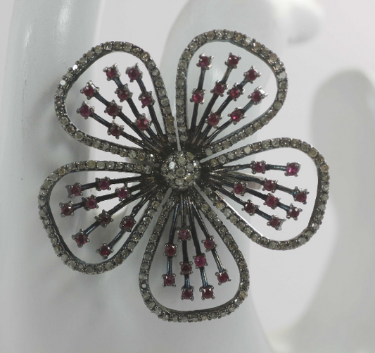 Flower Shape Silver Pave Diamond Ring .925 Oxidized Sterling Silver Diamond Ring, Genuine handmade pave diamond Ring.