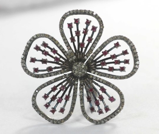 Flower Shape Silver Pave Diamond Ring .925 Oxidized Sterling Silver Diamond Ring, Genuine handmade pave diamond Ring.