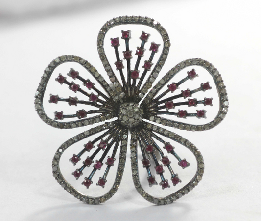 Flower Shape Silver Pave Diamond Ring .925 Oxidized Sterling Silver Diamond Ring, Genuine handmade pave diamond Ring.