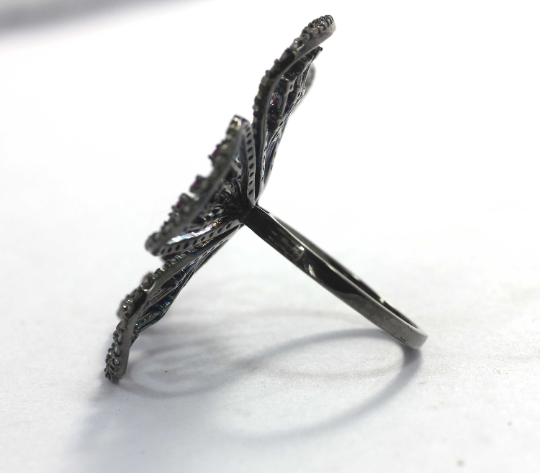 Flower Shape Silver Pave Diamond Ring .925 Oxidized Sterling Silver Diamond Ring, Genuine handmade pave diamond Ring.