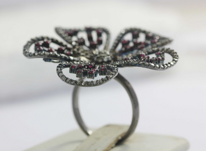 Flower Shape Silver Pave Diamond Ring .925 Oxidized Sterling Silver Diamond Ring, Genuine handmade pave diamond Ring.