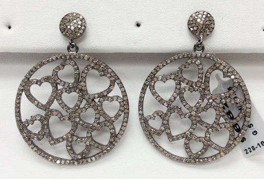 Heart Diamond Silver Earring .925 Oxidized Sterling Silver Diamond Earring, Genuine handmade pave diamond Earring Size 1.80"(32 x 45  MM )