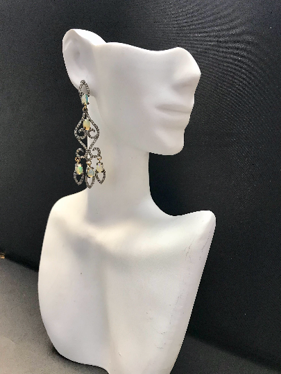 Diamond  Art Deco Opal with Diamond Earring, Pave Diamond Earring, Pave Art Deco Earring, Appx 62 x 18mm. Sterling Silver