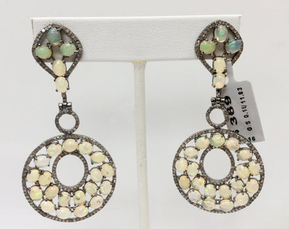 Roundel Diamond Silver Earring .925 Oxidized Sterling Silver Diamond Earring, Genuine handmade pave diamond Earring Size 2.64"(31 x 66 MM )