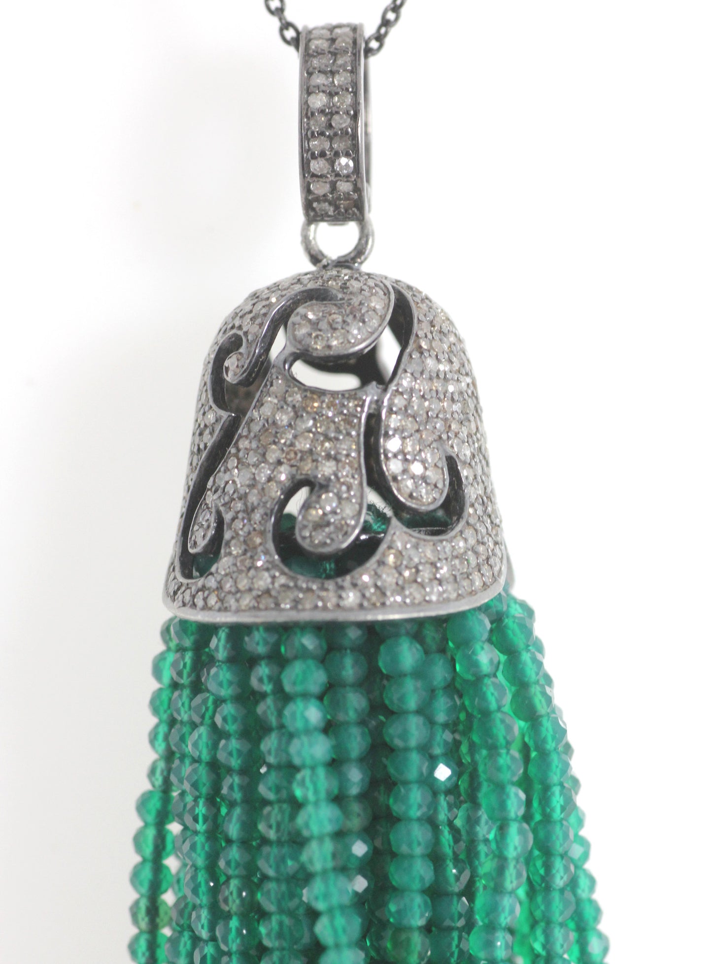 Diamond And Green onyx Tassel Necklace. 925 Oxidized Sterling Silver Diamond Tassel.