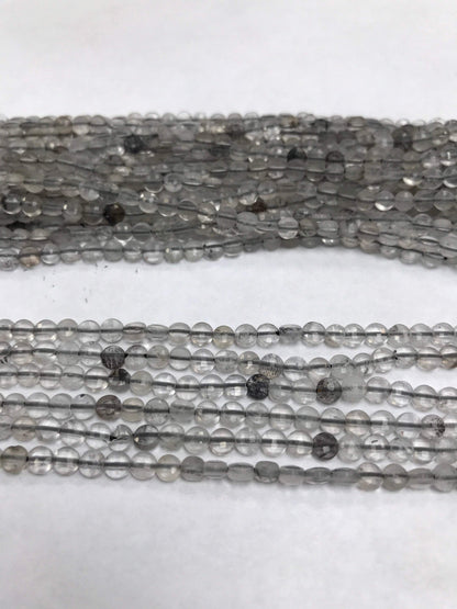 Quartz, Black Routail Quartz Beads Faceted Coin, Routailated Quartz, Coin Beads,