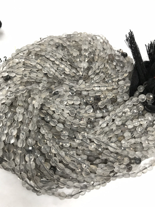 Quartz, Black Routail Quartz Beads Faceted Coin, Routailated Quartz, Coin Beads,