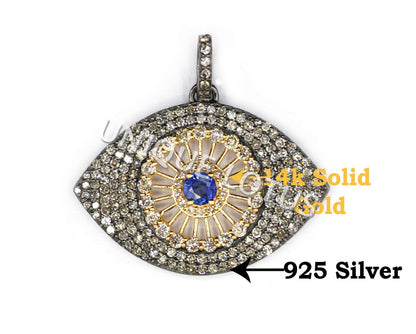 Evil Eye Shape 14K Gold & Silver Diamond Pendant .925 Oxidized Sterling Silver Diamond Pendant, Genuine handmade pave diamond Pendant.