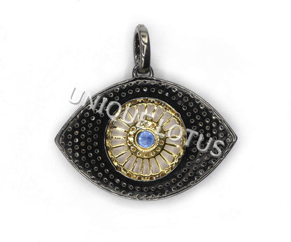Evil Eye Shape 14K Gold & Silver Diamond Pendant .925 Oxidized Sterling Silver Diamond Pendant, Genuine handmade pave diamond Pendant.