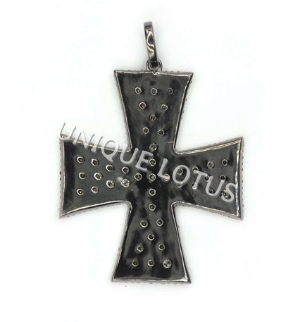 Cross Shape 14K Gold & Silver Diamond Pendant .925 Oxidized Sterling Silver Diamond Pendant, Genuine handmade pave diamond Pendant.