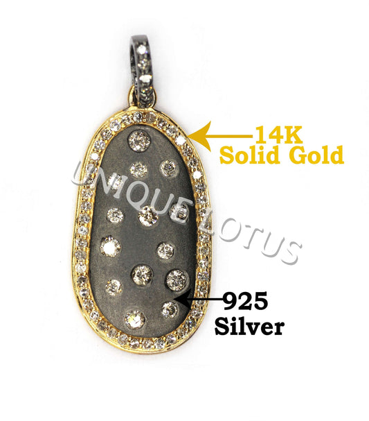 Oval Shape 14K Gold & Silver Diamond Pendant .925 Oxidized Sterling Silver Diamond Pendant, Genuine handmade pave diamond Pendant.