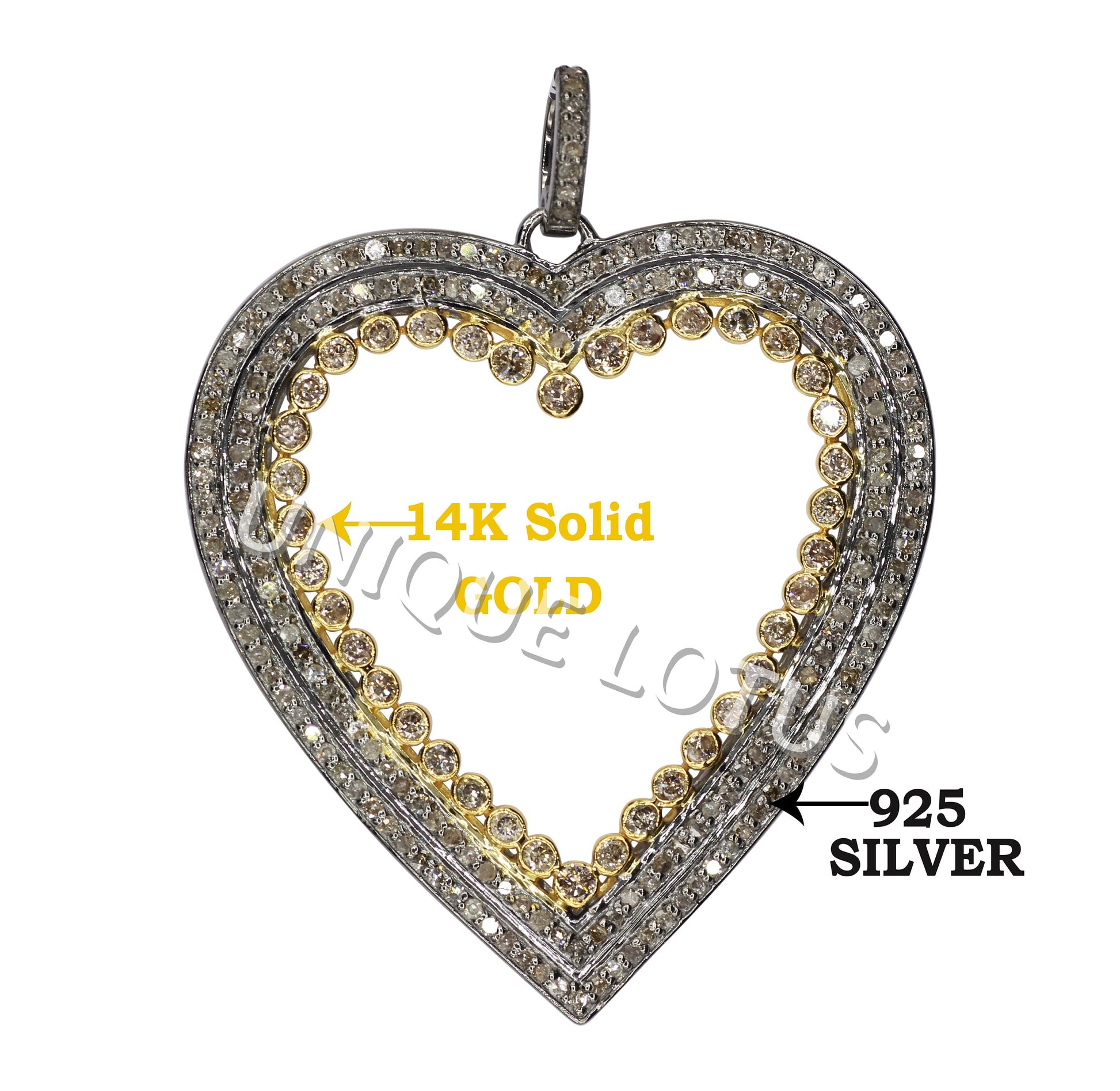 Heart Shape 14K Gold & Silver Diamond Pendant .925 Oxidized Sterling Silver Diamond Pendant, Genuine handmade pave diamond Pendant.