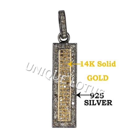 Rectangle Shape 14K Gold & Silver Diamond Pendant .925 Oxidized Sterling Silver Diamond Pendant, Genuine handmade pave diamond Pendant.