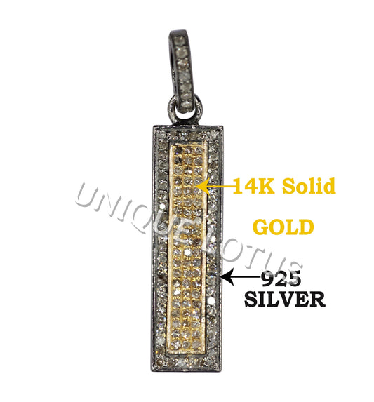 Rectangle Shape 14K Gold & Silver Diamond Pendant .925 Oxidized Sterling Silver Diamond Pendant, Genuine handmade pave diamond Pendant.