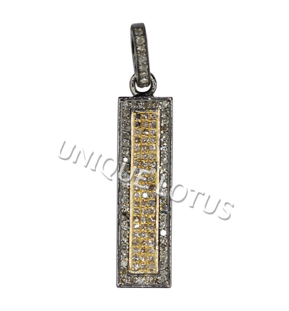 Rectangle Shape 14K Gold & Silver Diamond Pendant .925 Oxidized Sterling Silver Diamond Pendant, Genuine handmade pave diamond Pendant.