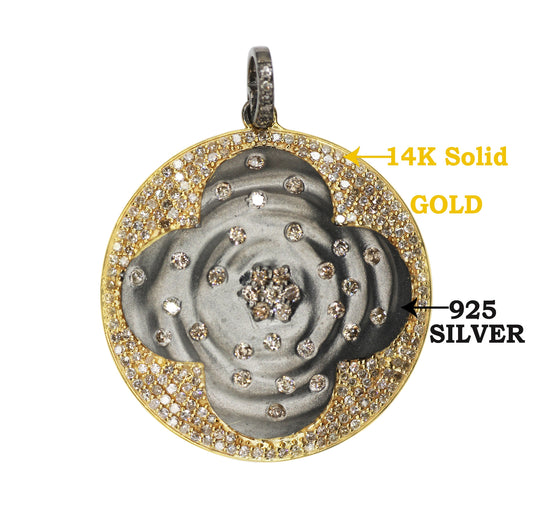 Round Shape 14K Gold & Silver Diamond Pendant .925 Oxidized Sterling Silver Diamond Pendant, Genuine handmade pave diamond Pendant.