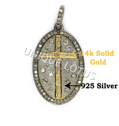 Oval Shape 14K Gold & Silver Diamond Pendant .925 Oxidized Sterling Silver Diamond Pendant, Genuine handmade pave diamond Pendant.