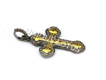 Cross Shape 14K Gold & Silver Diamond Pendant .925 Oxidized Sterling Silver Diamond Pendant, Genuine handmade pave diamond Pendant.
