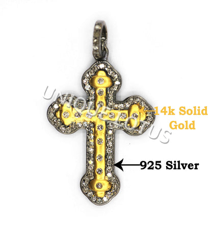 Cross Shape 14K Gold & Silver Diamond Pendant .925 Oxidized Sterling Silver Diamond Pendant, Genuine handmade pave diamond Pendant.