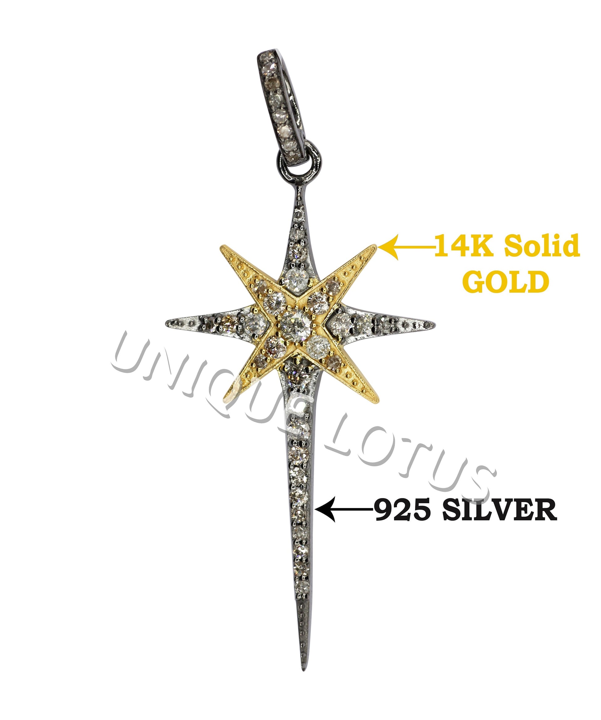 Star Shape 14K Gold & Silver Diamond Pendant .925 Oxidized Sterling Silver Diamond Pendant, Genuine handmade pave diamond Pendant.
