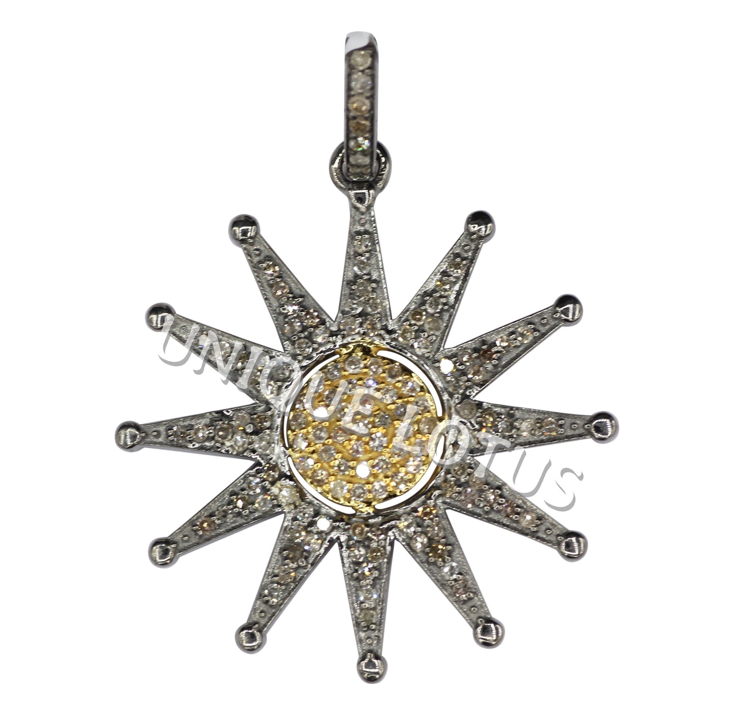 Sun Shape 14K Gold & Silver Diamond Pendant .925 Oxidized Sterling Silver Diamond Pendant, Genuine handmade pave diamond Pendant.