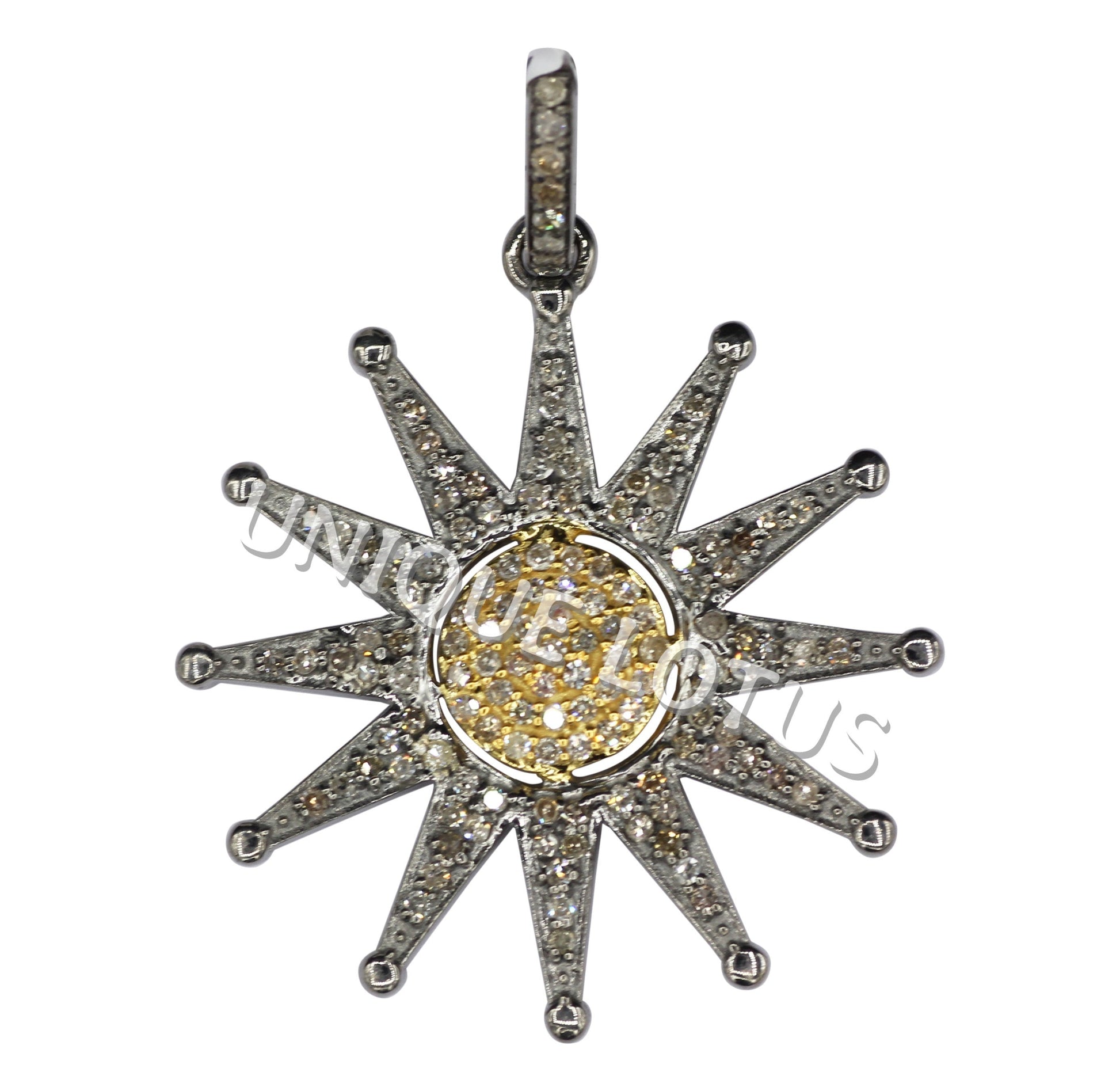 Sun Shape 14K Gold & Silver Diamond Pendant .925 Oxidized Sterling Silver Diamond Pendant, Genuine handmade pave diamond Pendant.