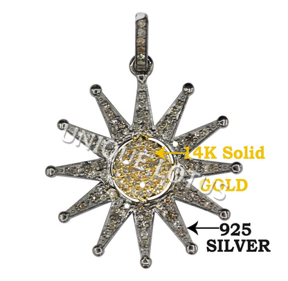 Sun Shape 14K Gold & Silver Diamond Pendant .925 Oxidized Sterling Silver Diamond Pendant, Genuine handmade pave diamond Pendant.