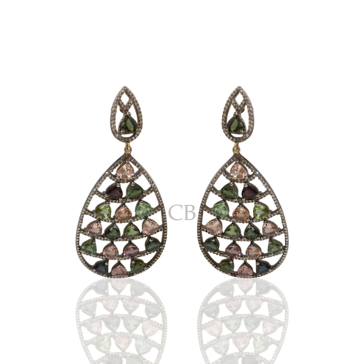 Diamond and Silver Multi Tourmaline Black Rhodium Finish Earrings