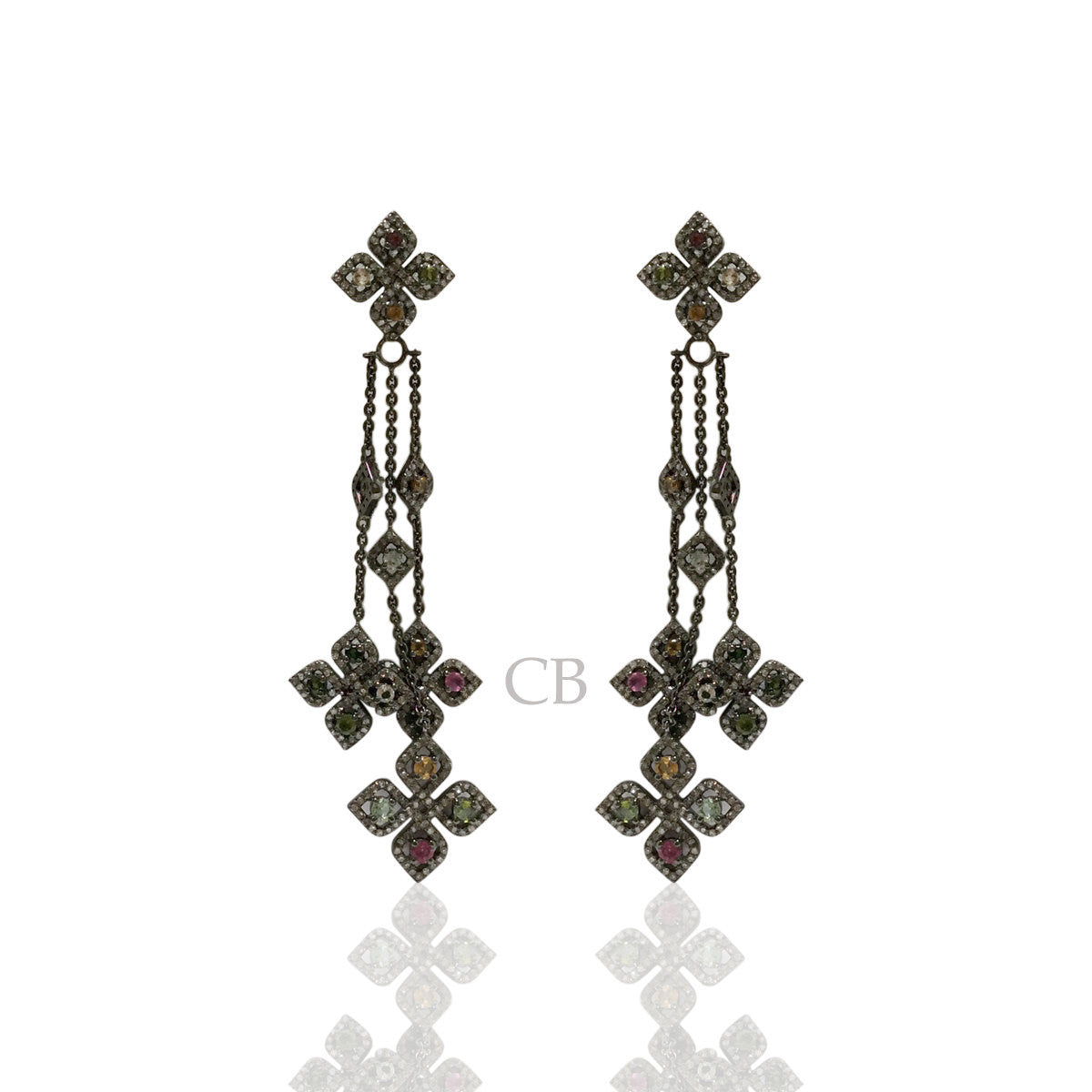 Diamond and Silver Multi Tourmaline Black Rhodium Finish Earring
