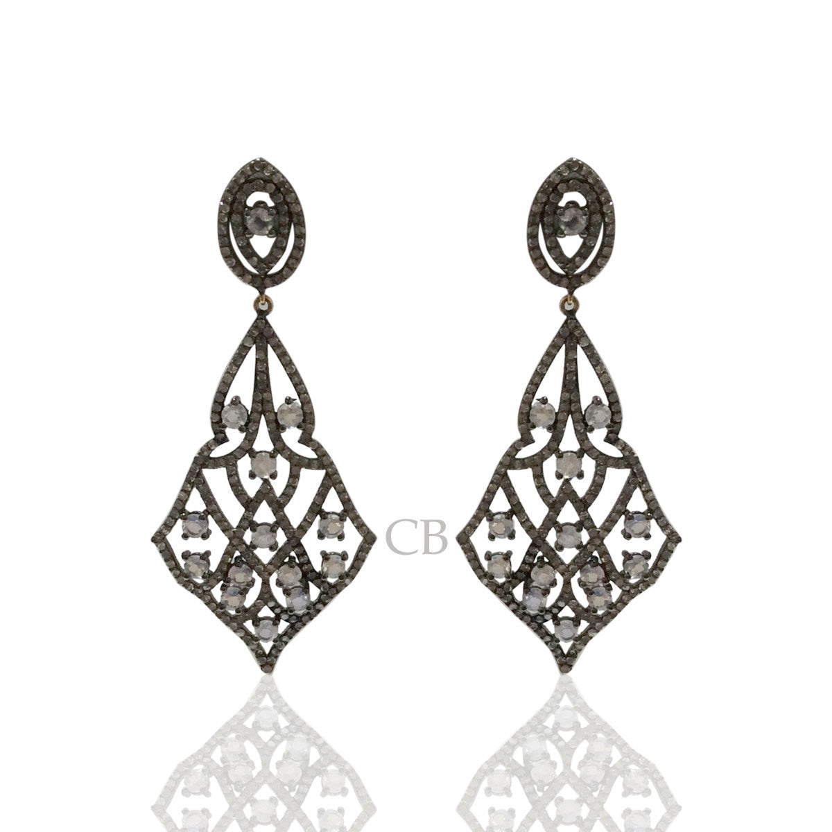 Diamond and Silver White Rainbow Moon Stone Black Rhodium Finish Earrings