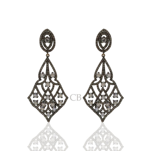 Diamond and Silver White Rainbow Moon Stone Black Rhodium Finish Earrings