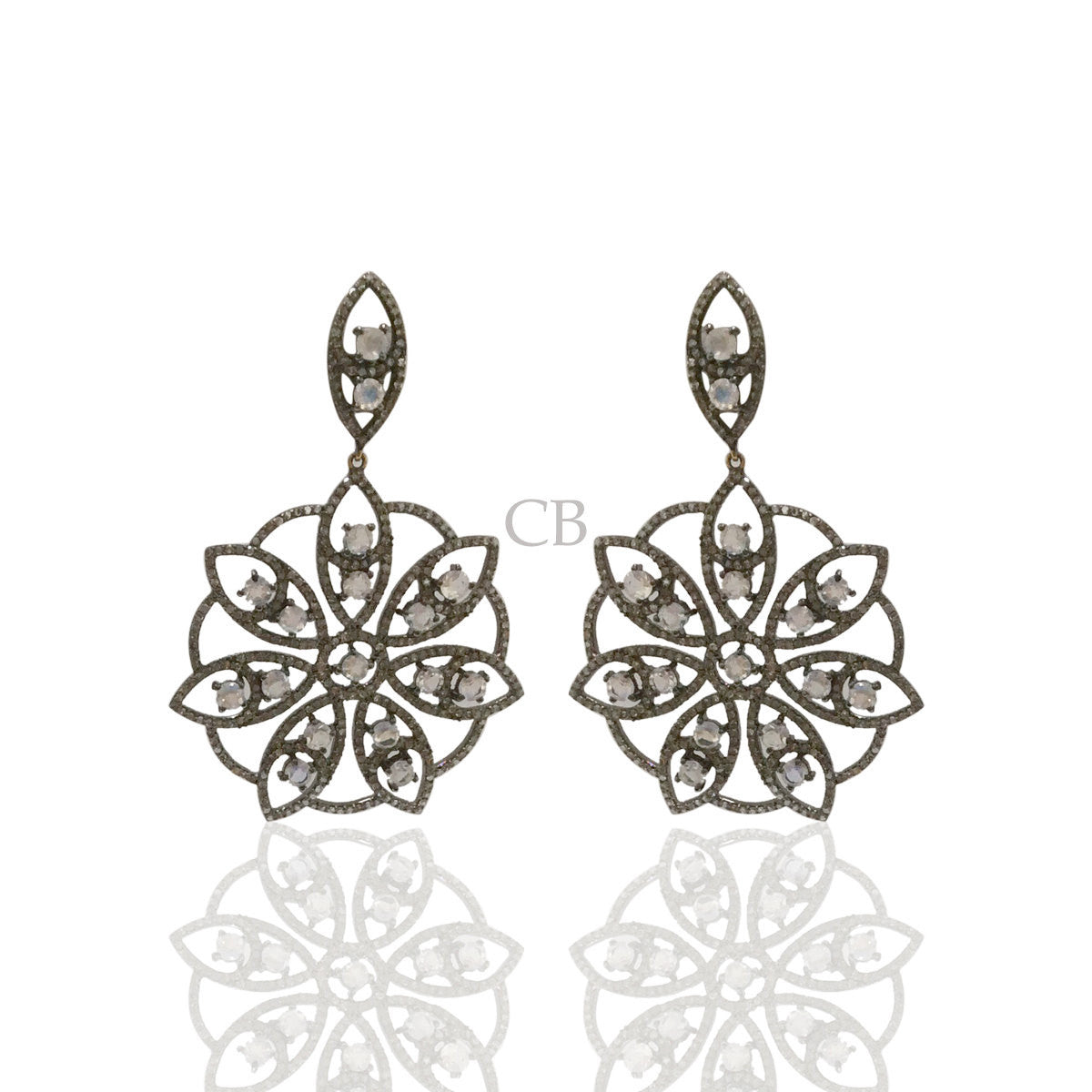 Diamond and Silver White Rainbow Moon Stone Black Rhodium Finish Earrings