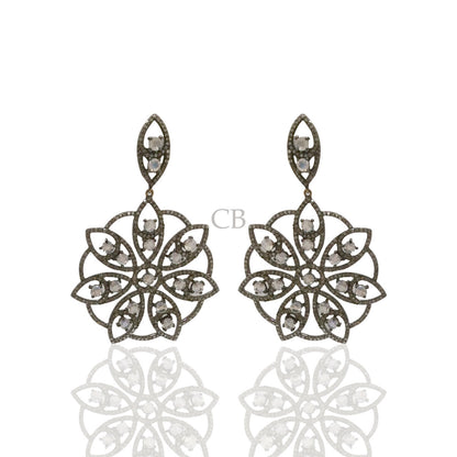 Diamond and Silver White Rainbow Moon Stone Black Rhodium Finish Earrings