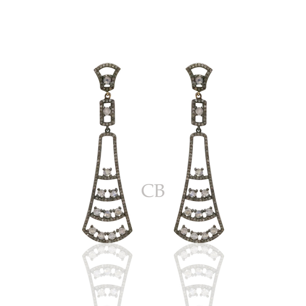 Diamond and White Rainbow Moon Stone Silver Earrings